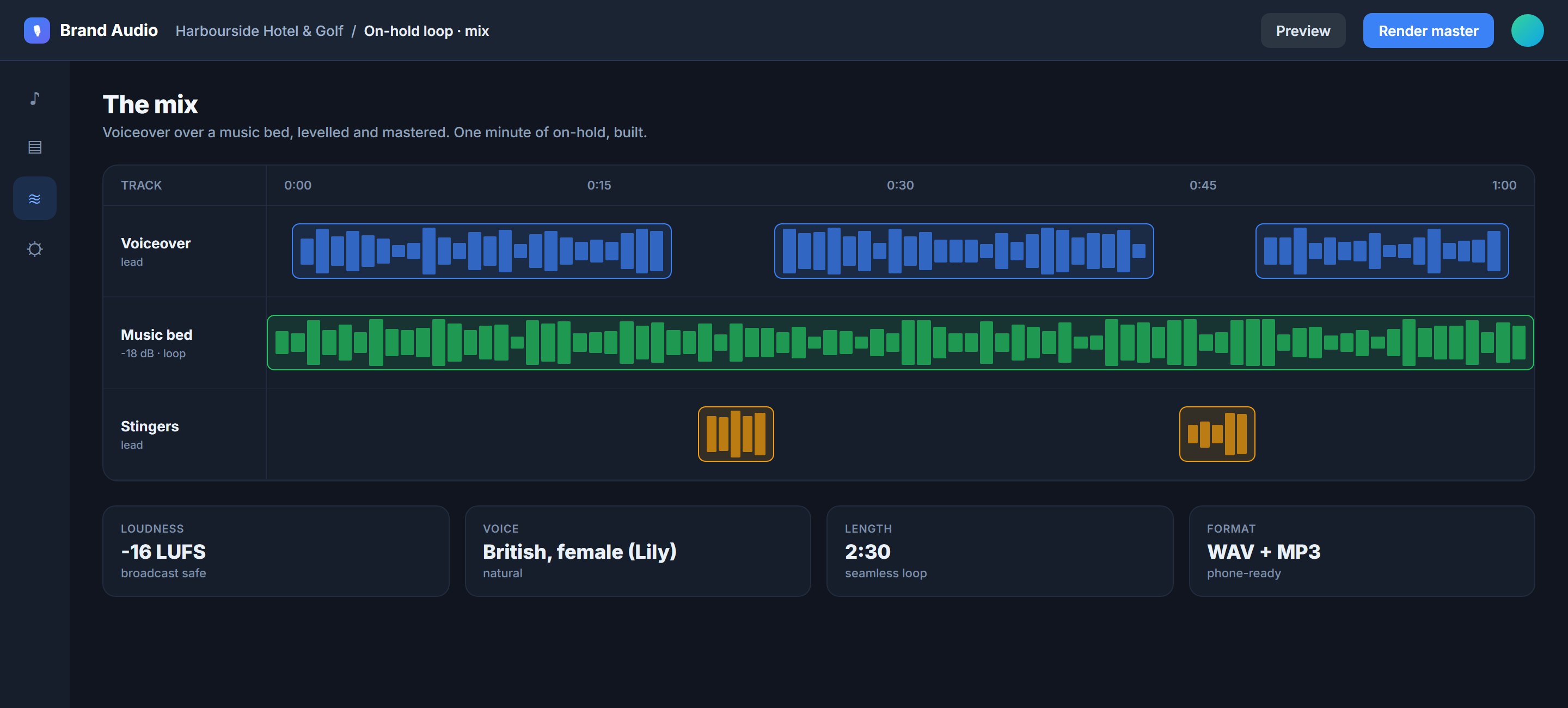 Voiceover over a custom music bed, levelled and mastered to broadcast standard