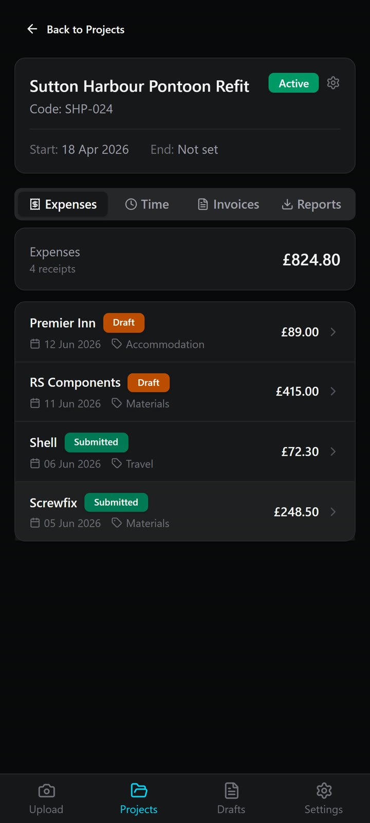 Costs per job, each with its Xero status