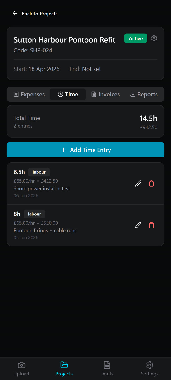Timesheets logged against the job