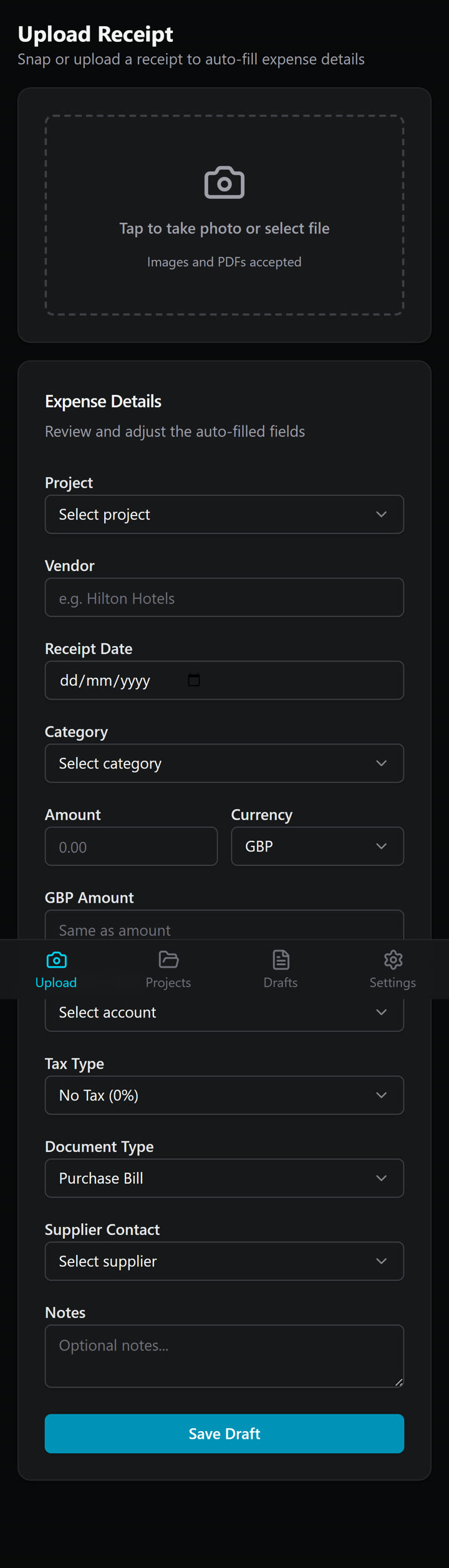 Snap a receipt on site, no re-keying