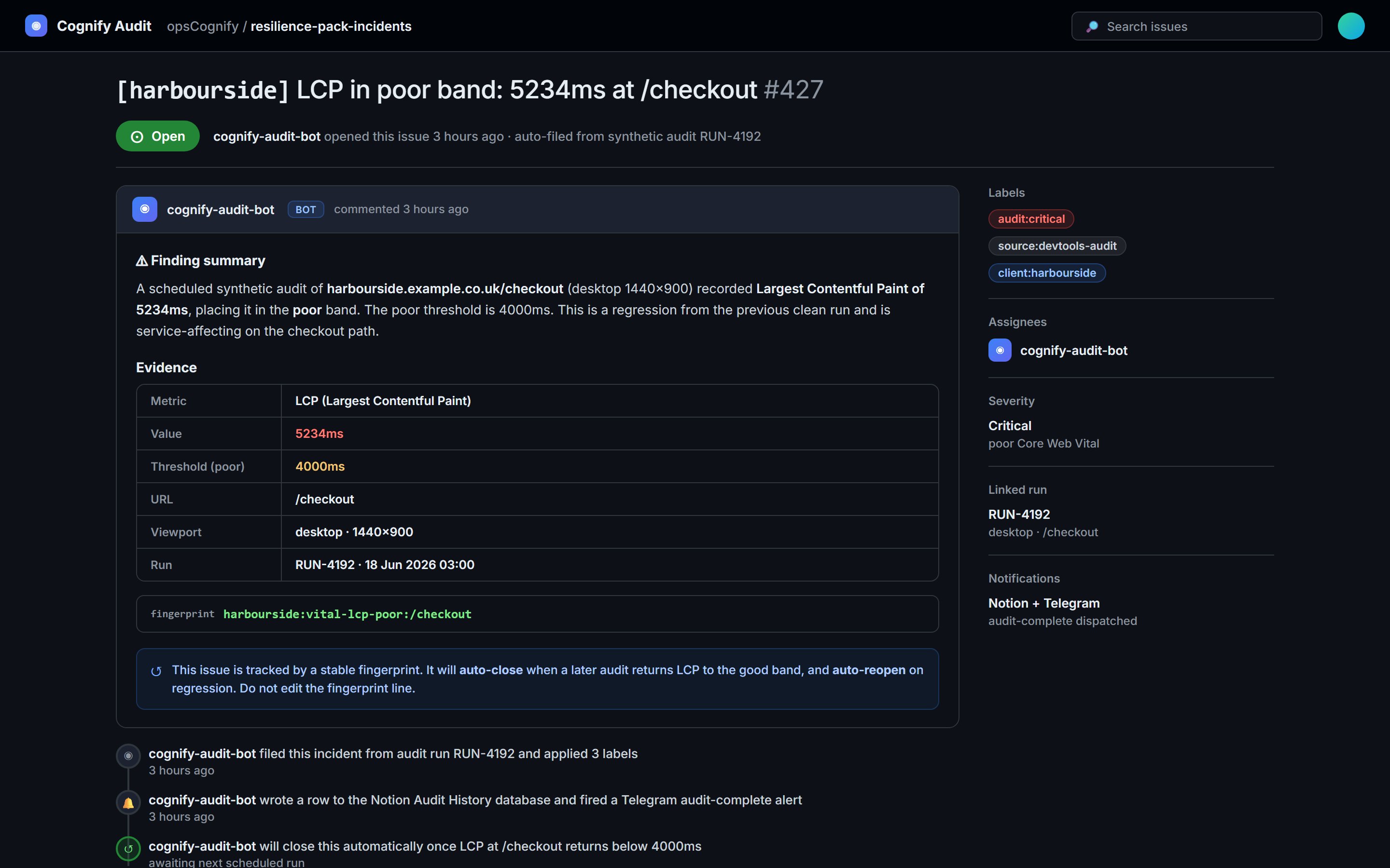 Problems are filed automatically as tracked incidents that close themselves once the site recovers