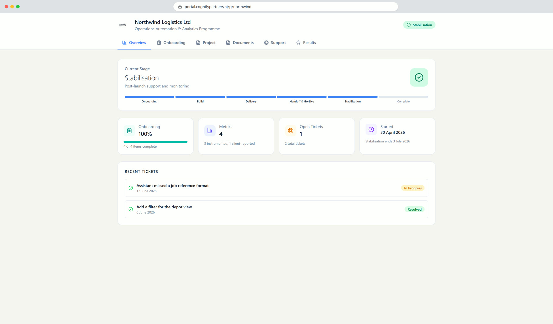 Each client opens their own link to a live project view