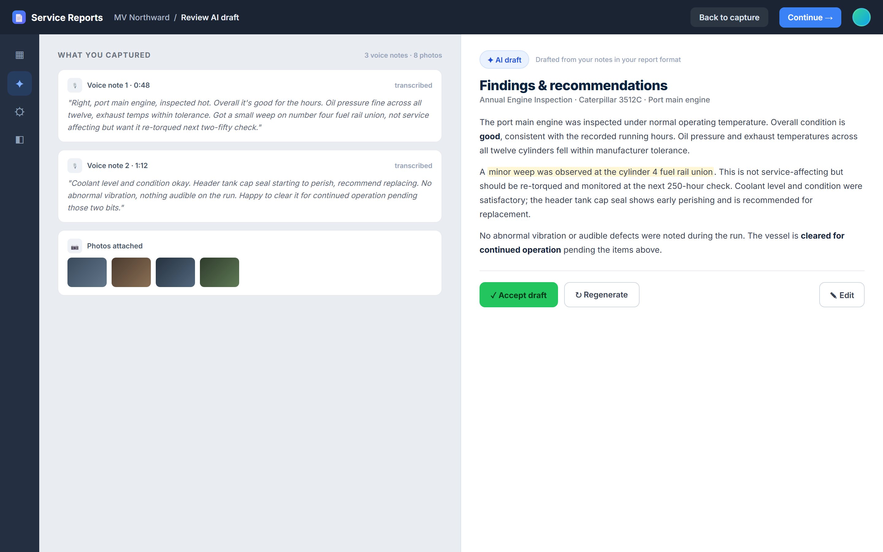 AI drafts the write-up from your notes. You review and approve