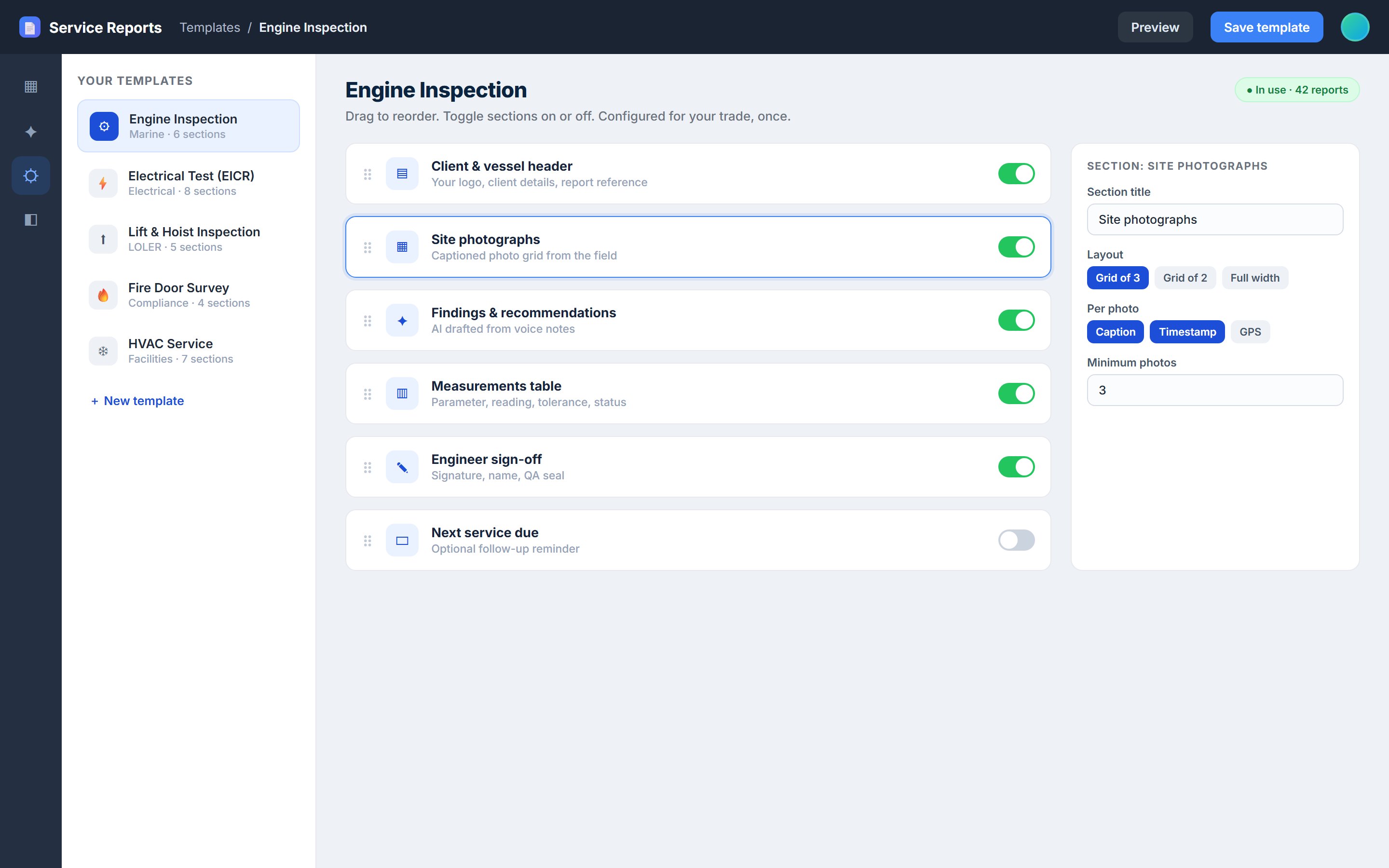 Set up report templates for your trade once, then reuse them