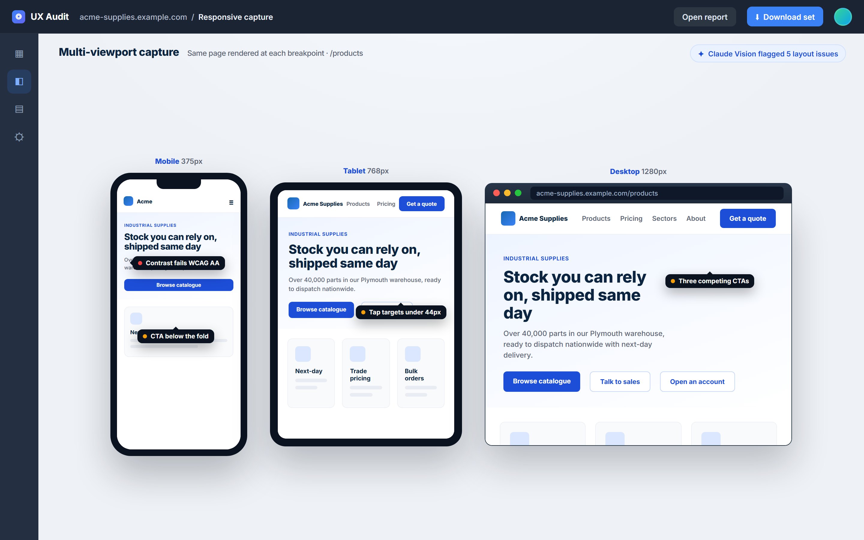 Every page captured at mobile, tablet and desktop with issues pinned in place